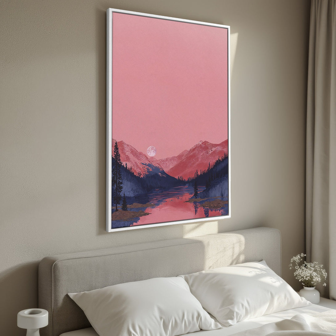 Framed Wall Art featuring a serene mountain landscape in pink and blue hues. Add a touch of tranquility to your space with this beautiful Canvas Print.