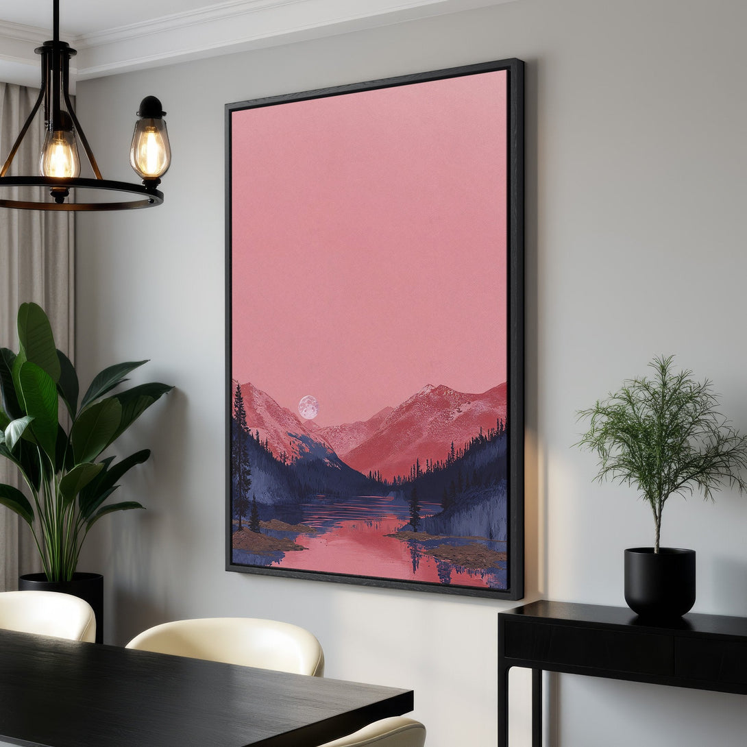 Framed Wall Art: Serene landscape Canvas Print in pink and blue tones. Modern art for home decor, featuring mountains and a lake. Add tranquility to your space!