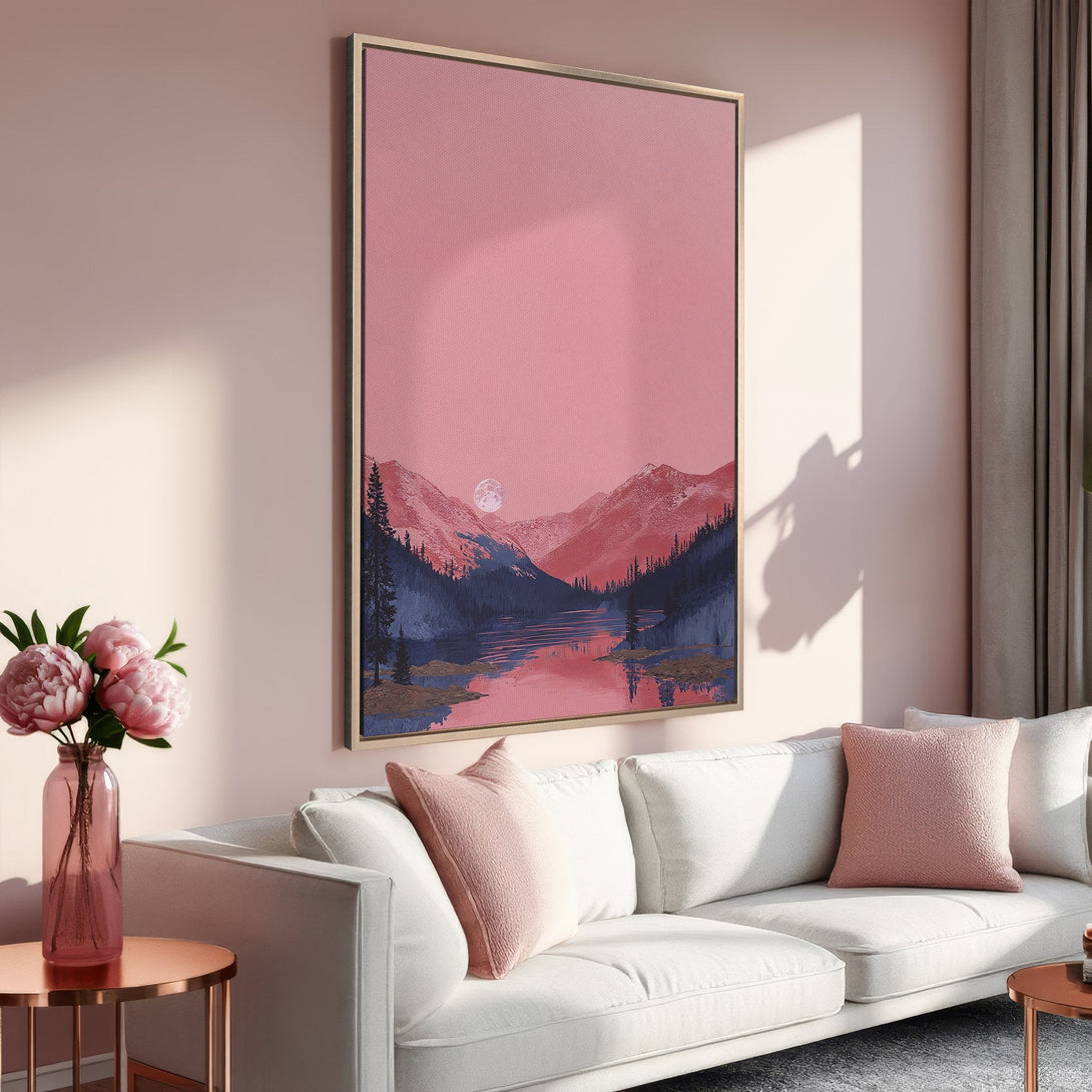 Framed Wall Art featuring a serene mountain landscape in a pink and blue color palette, perfect for adding a touch of elegance to any space.