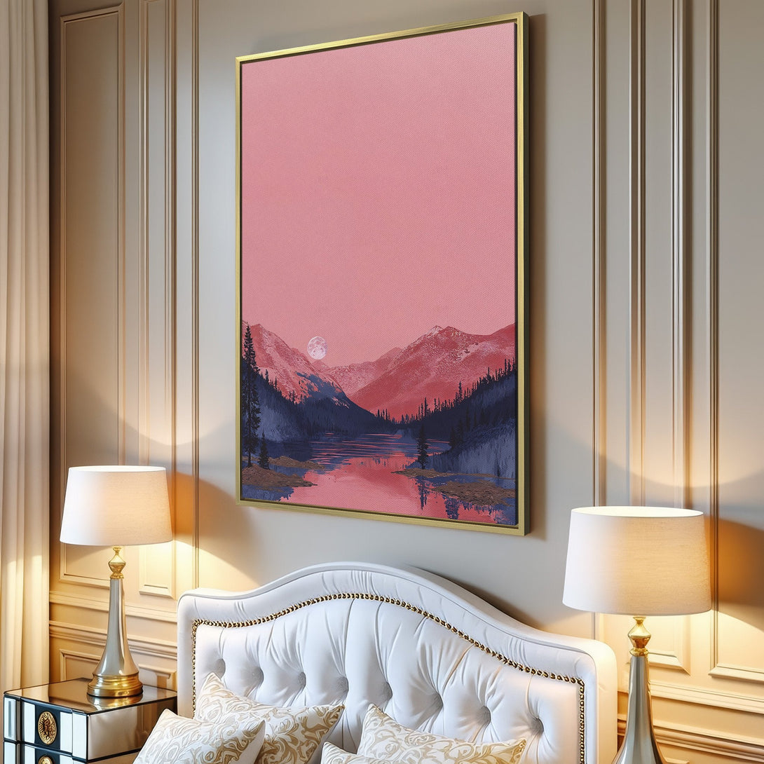 Canvas Print of a serene mountain landscape in a pink and blue color palette, perfect for adding a touch of nature to your home decor.