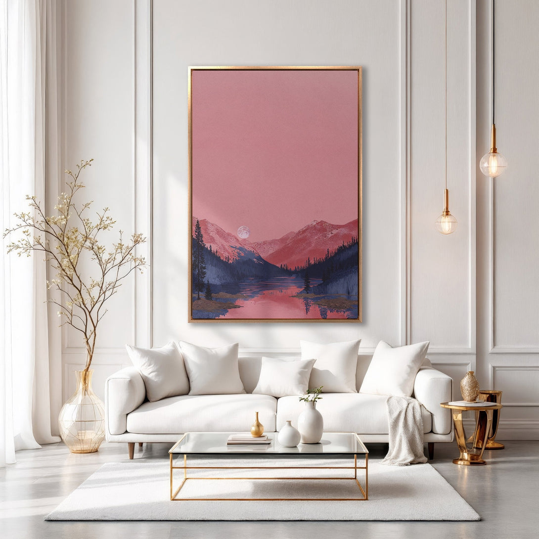 Framed Wall Art: Serene landscape Canvas Print with mountains and lake in a pink and blue color palette, perfect for modern home decor.