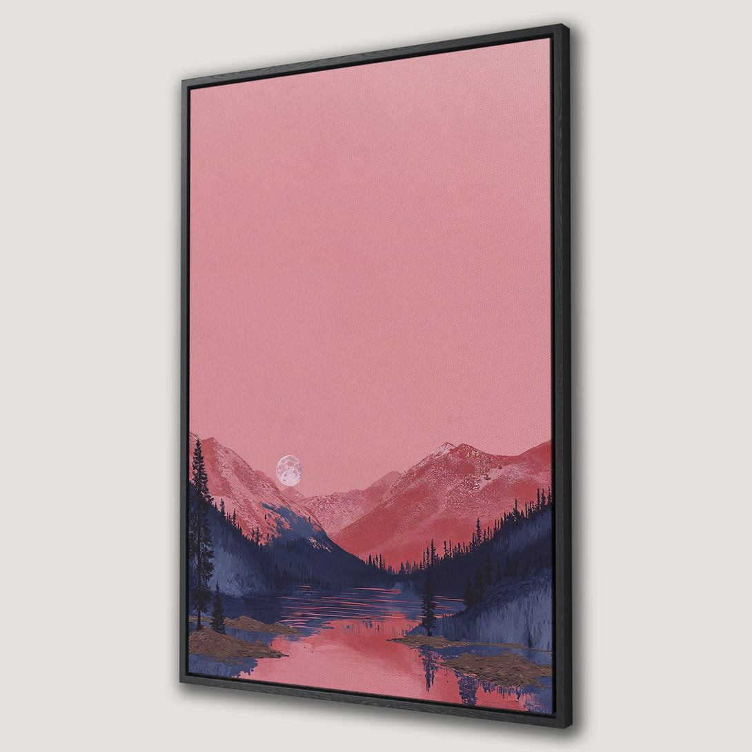 Framed Wall Art: Serene mountain landscape in pink and blue hues. Modern canvas print perfect for adding a touch of tranquility to your home decor.