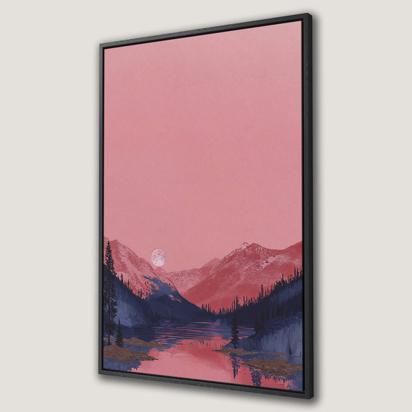 Framed Wall Art: Serene mountain landscape in pink and blue hues. Modern canvas print perfect for adding a touch of tranquility to your home decor.