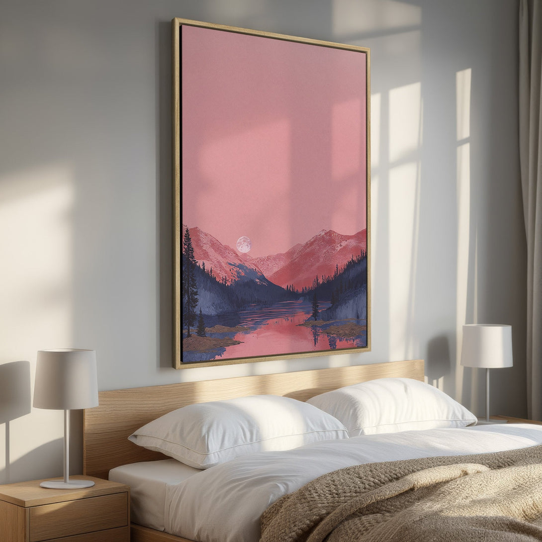 Framed Wall Art: Serene landscape Canvas Print in pink, blue, and gold. Perfect for bedroom decor, adding a touch of calm and style to your space.