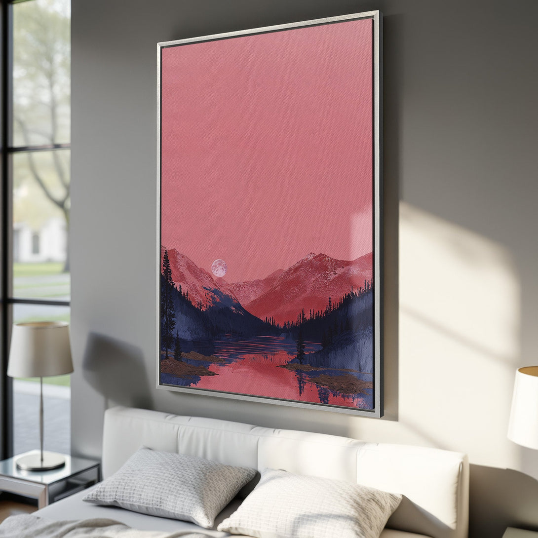 Framed Wall Art: Abstract landscape Canvas Print with a pink sky, mountains, and lake. Modern art in a bedroom with a calming blue and red color palette.