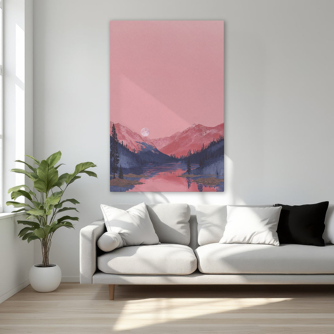 Framed Wall Art of a pink mountain landscape. Modern style with a calming pink and blue color palette, perfect for bedroom decor.