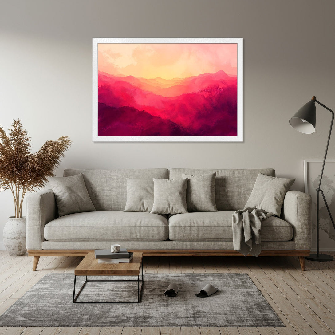 Framed Poster of abstract mountain landscape in vibrant red and pink hues. Modern art style for home decor.