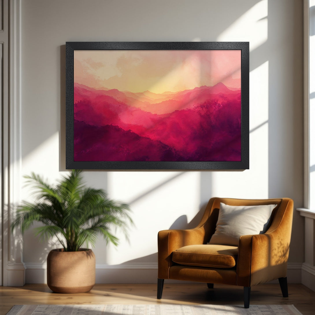 Framed Poster of abstract mountain landscape in a watercolor style, featuring a warm red and pink color palette.