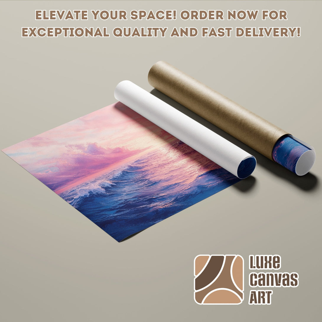 Ocean wave Poster Roll art print in pink, purple, and blue color palette. Order now!