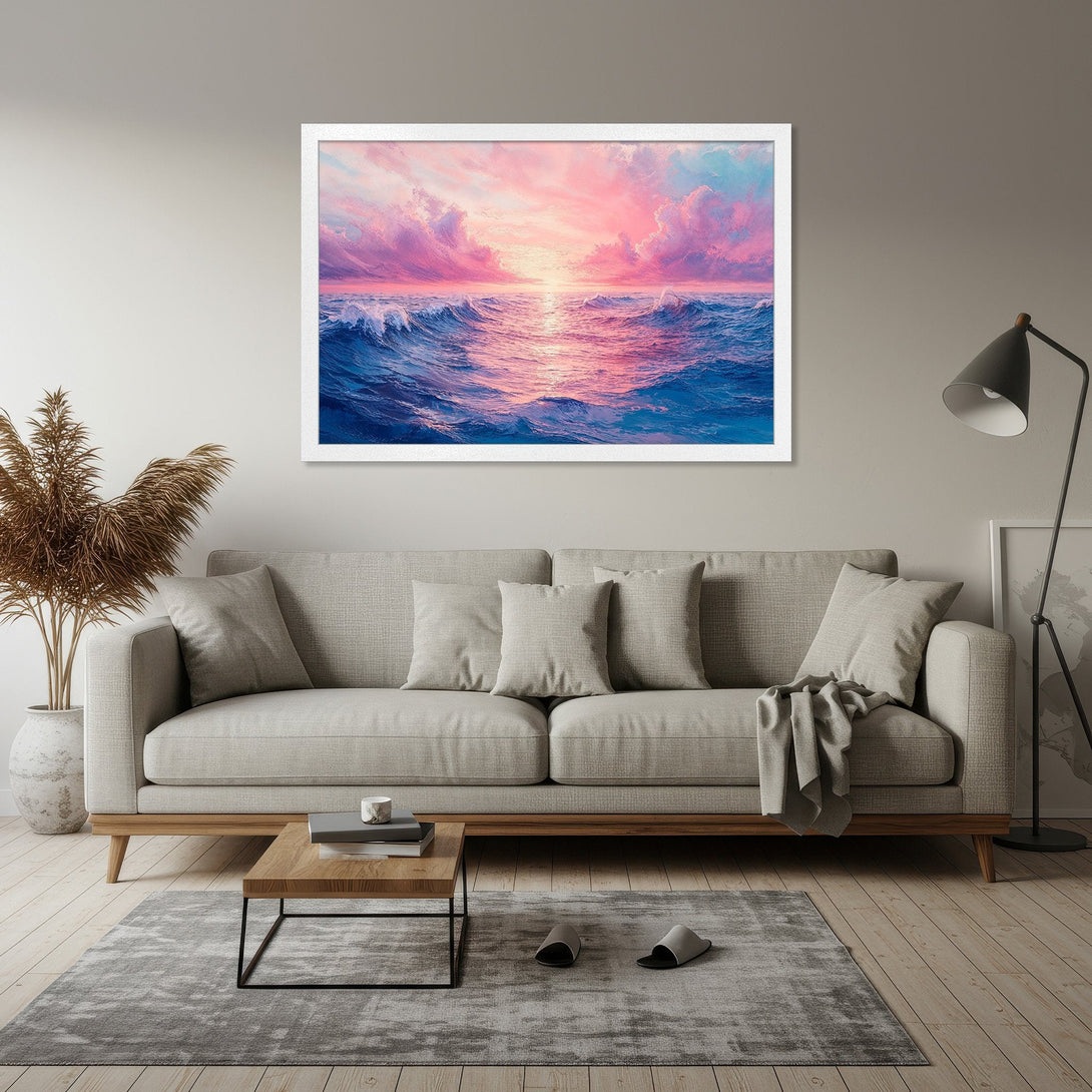 Framed Poster of a vibrant ocean sunset. Artistic style with pink, blue, and purple hues. Bring the beauty of nature to your home with this stunning Poster!
