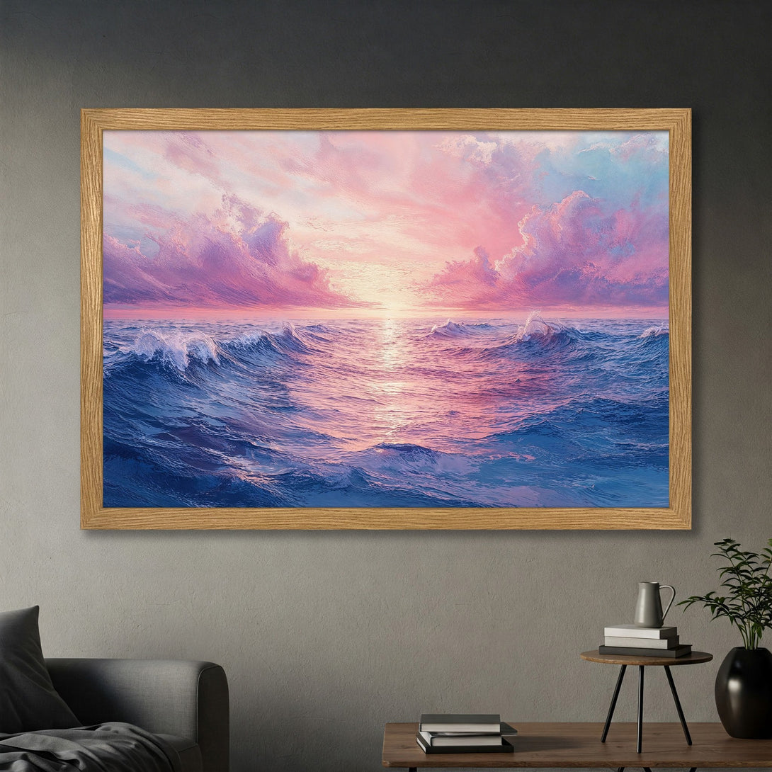 Framed Poster of ocean waves at sunset. Artistic style with pink, blue, and purple color palette. Add a touch of serenity to your space!