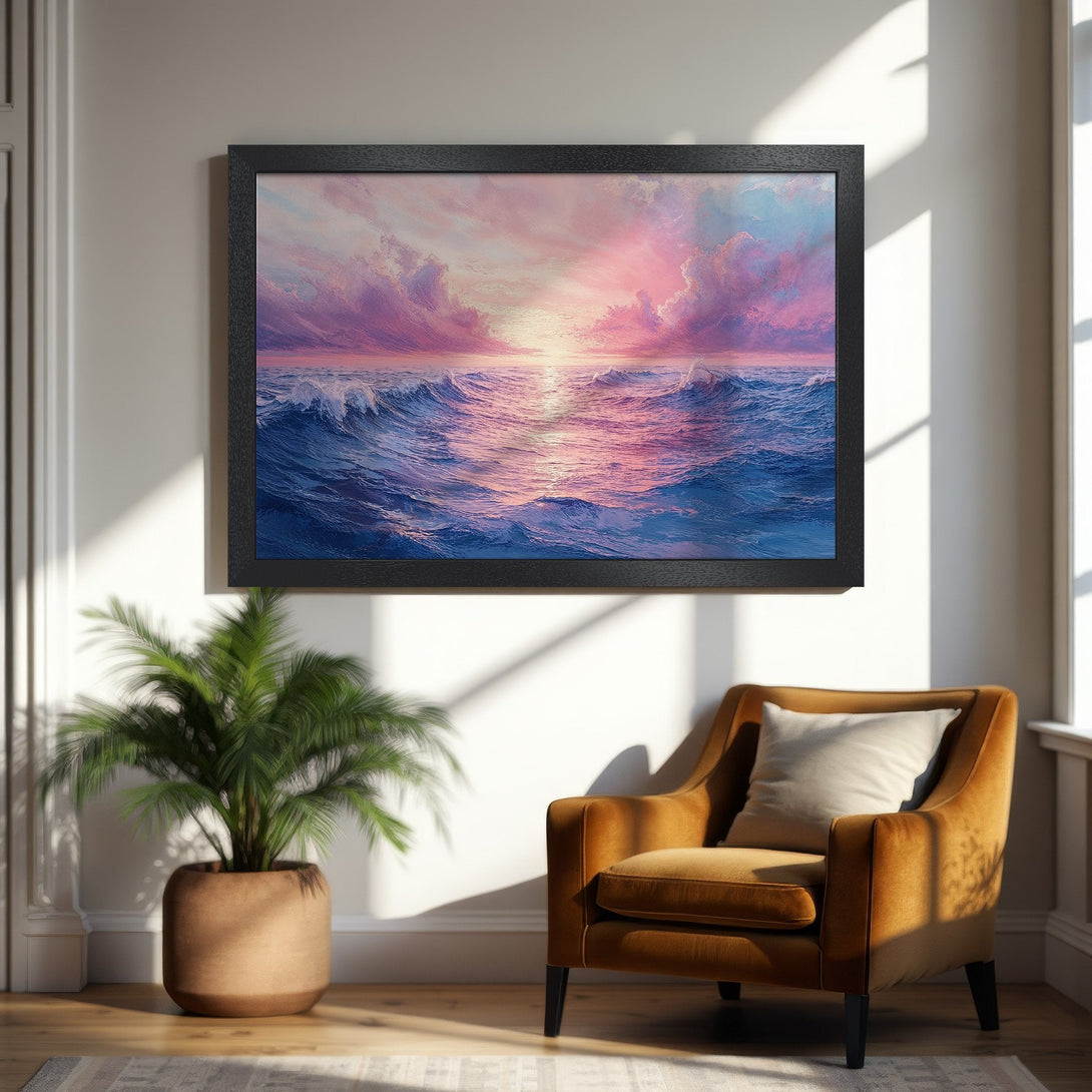 Framed Poster of ocean sunset, impressionistic style, pink & blue hues. Add a touch of serenity to your space!