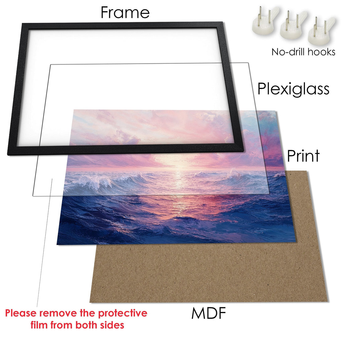 Framed Poster of ocean waves in a dreamy style with a pink and blue color palette. Perfect wall art!