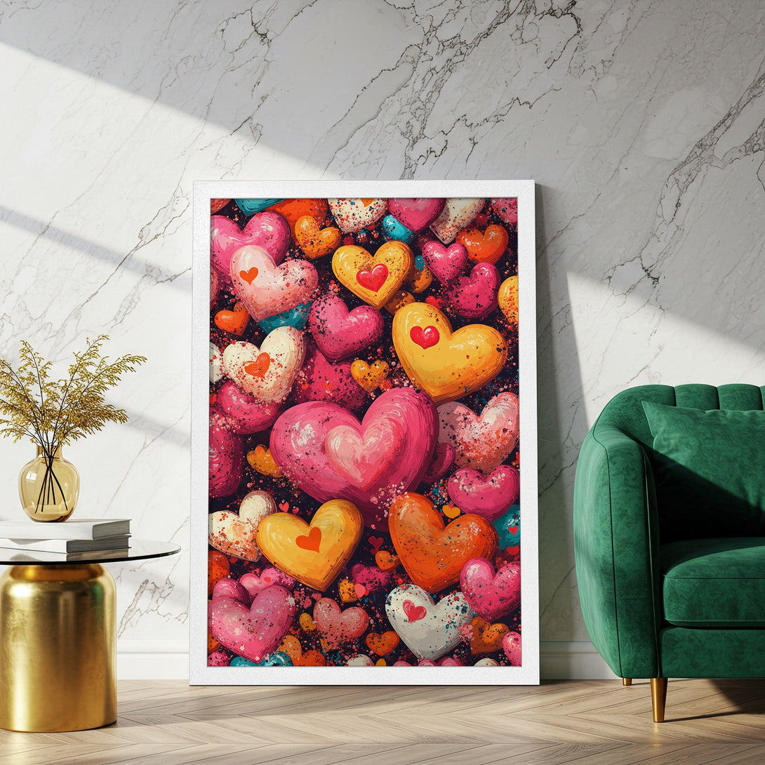 Framed Poster featuring colorful hearts in a vibrant, artistic style. Perfect Valentine's Day decor! Bright pink, yellow, and orange color palette.