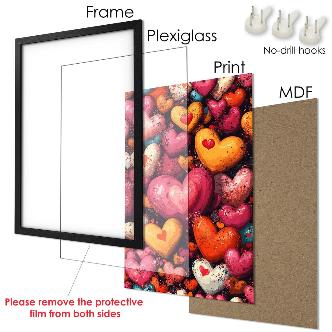 Framed Poster featuring a vibrant heart design in a colorful palette. Perfect wall art for adding love and style to your space!