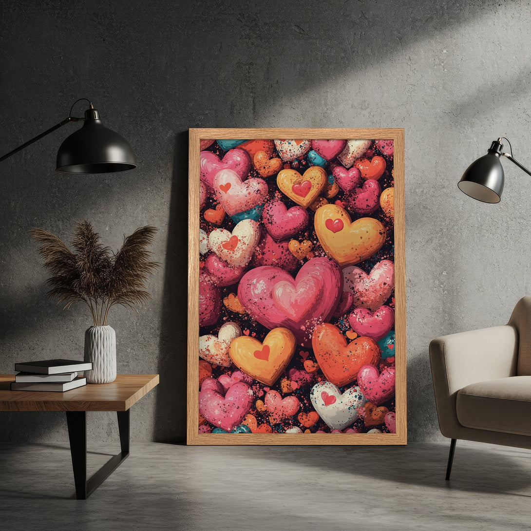 Framed Poster featuring colorful hearts art. Perfect for Valentine's Day decor. Modern style with a warm, vibrant palette.
