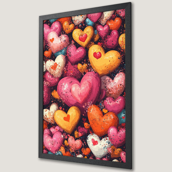 Framed Poster featuring vibrant hearts in pink, orange, and yellow on a dark background. Perfect Valentine's Day decor!