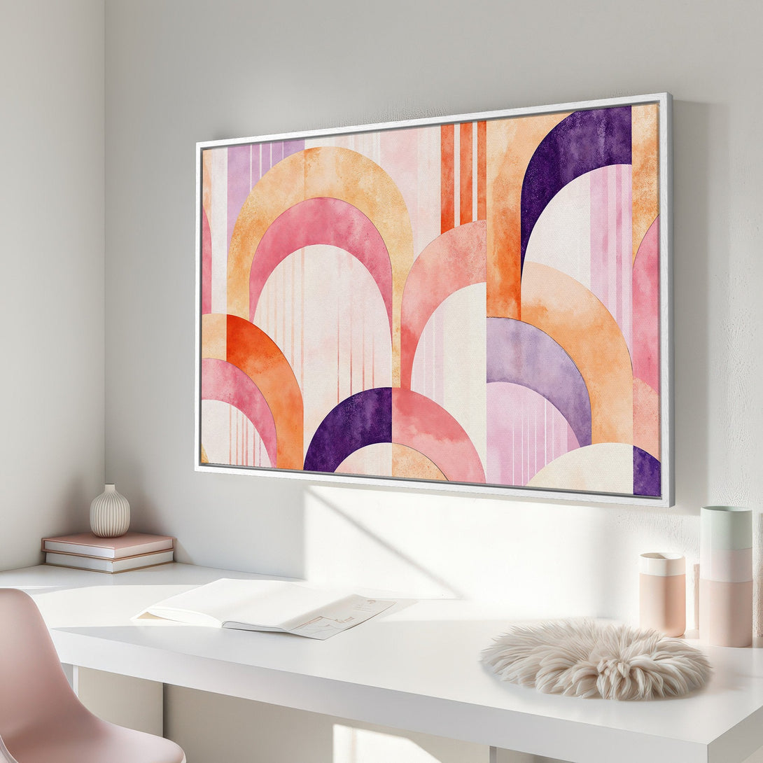 Framed Wall Art: Abstract watercolor art print in warm pink, orange, and purple tones. Modern art for home decor.