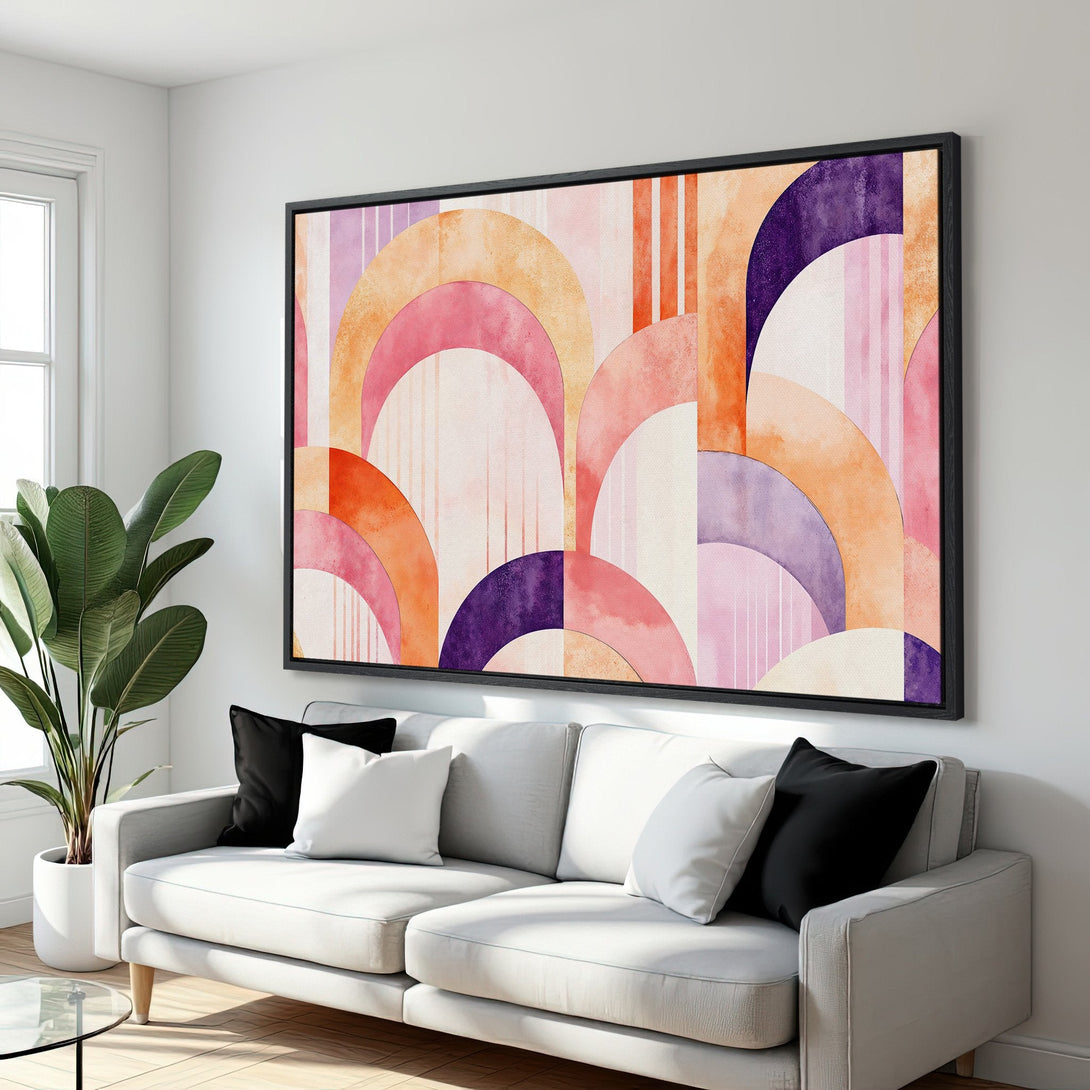 Framed Wall Art featuring a vibrant abstract geometric design in pink, orange, and purple hues. Modern art for your living room.