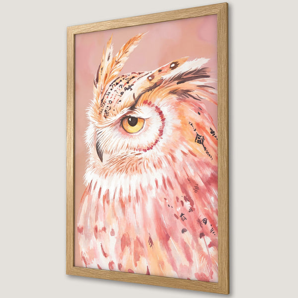Framed Poster featuring a watercolor owl portrait in warm peach and orange tones, perfect wall art.