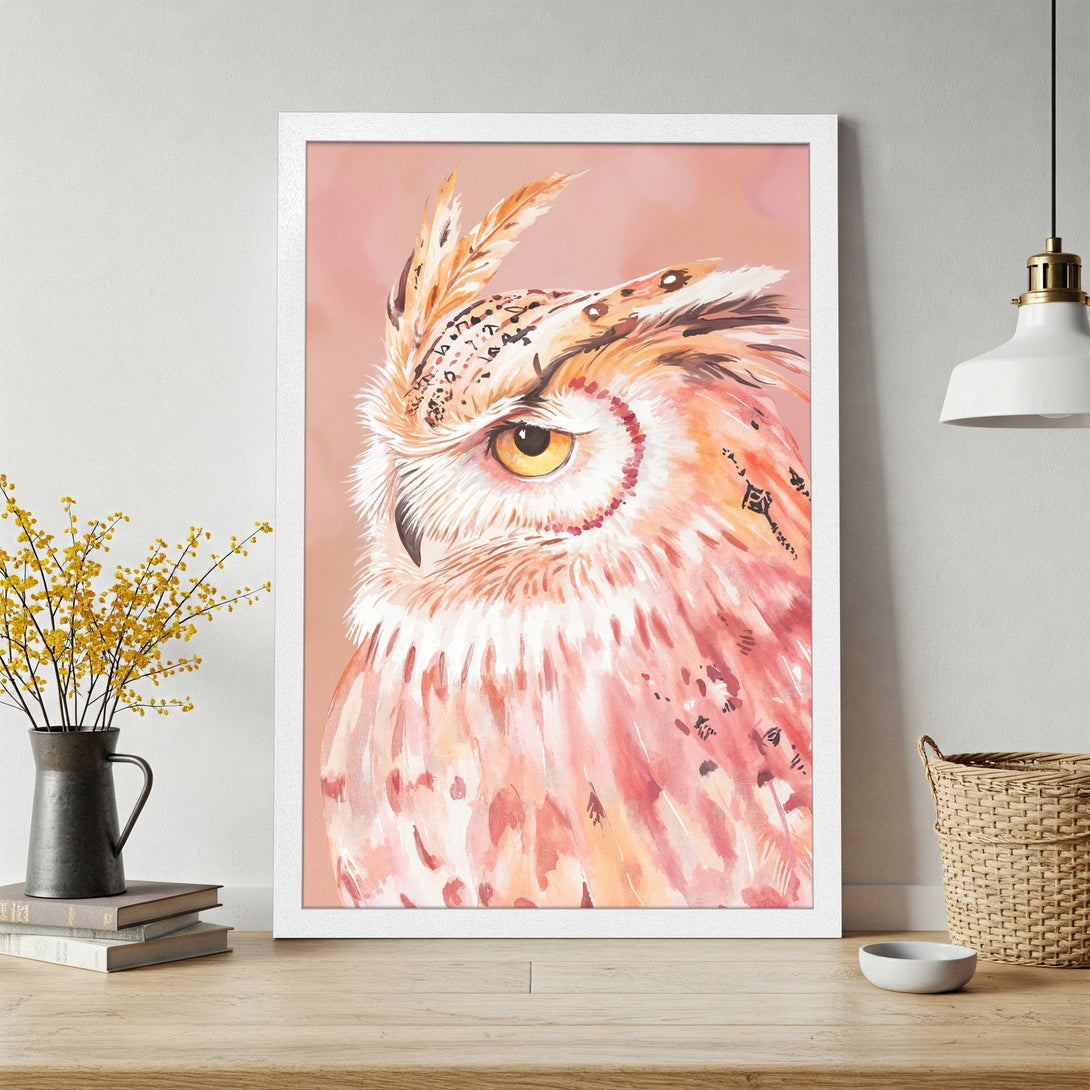 Framed Poster featuring a watercolor owl in a peach and orange palette. Perfect art print for your home decor.