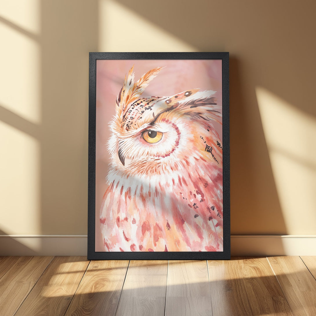 Framed Poster featuring a watercolor owl in warm peach and brown tones, perfect wall art for your home.