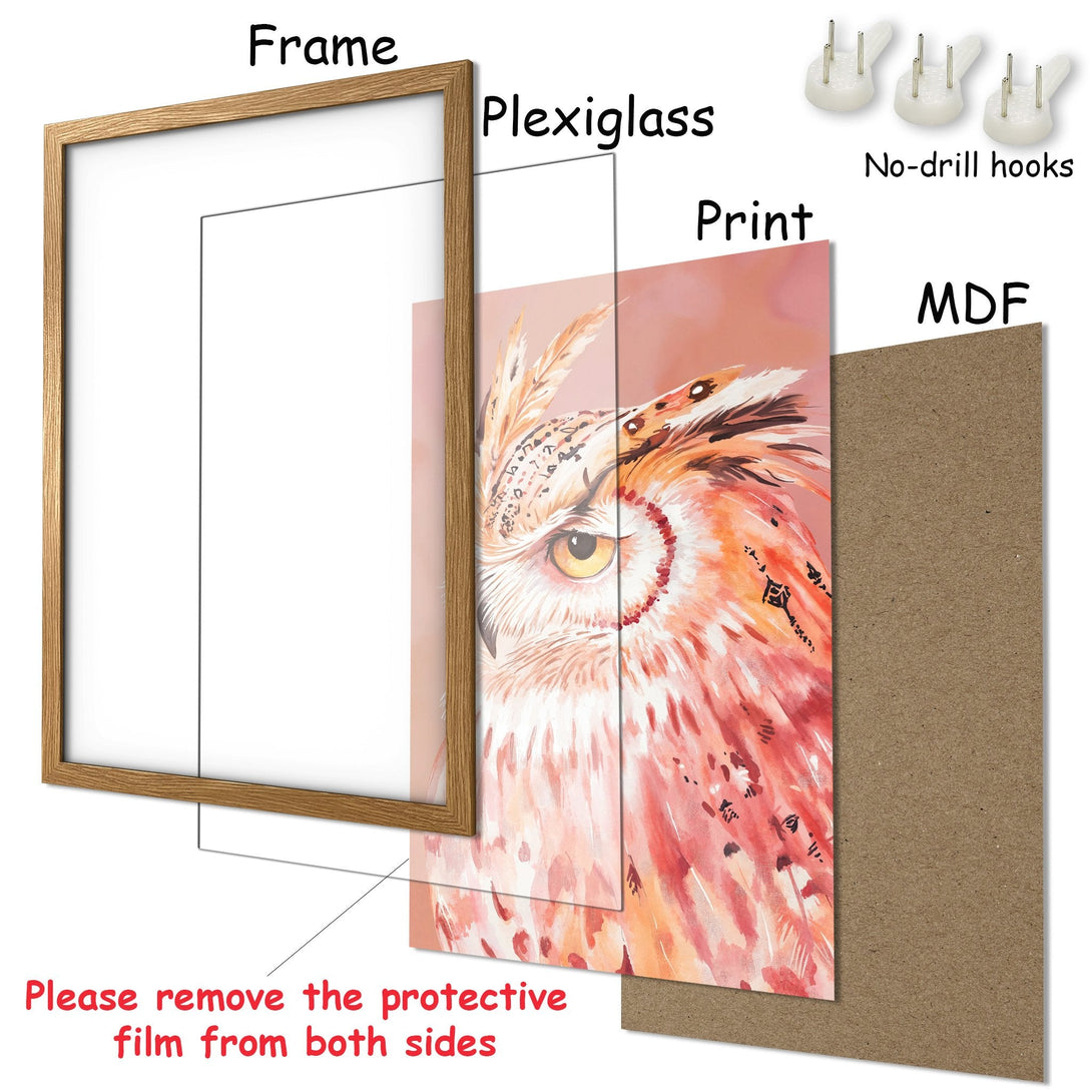Framed Poster featuring an owl illustration in watercolor style, warm peach and orange tones. Ready to hang art.