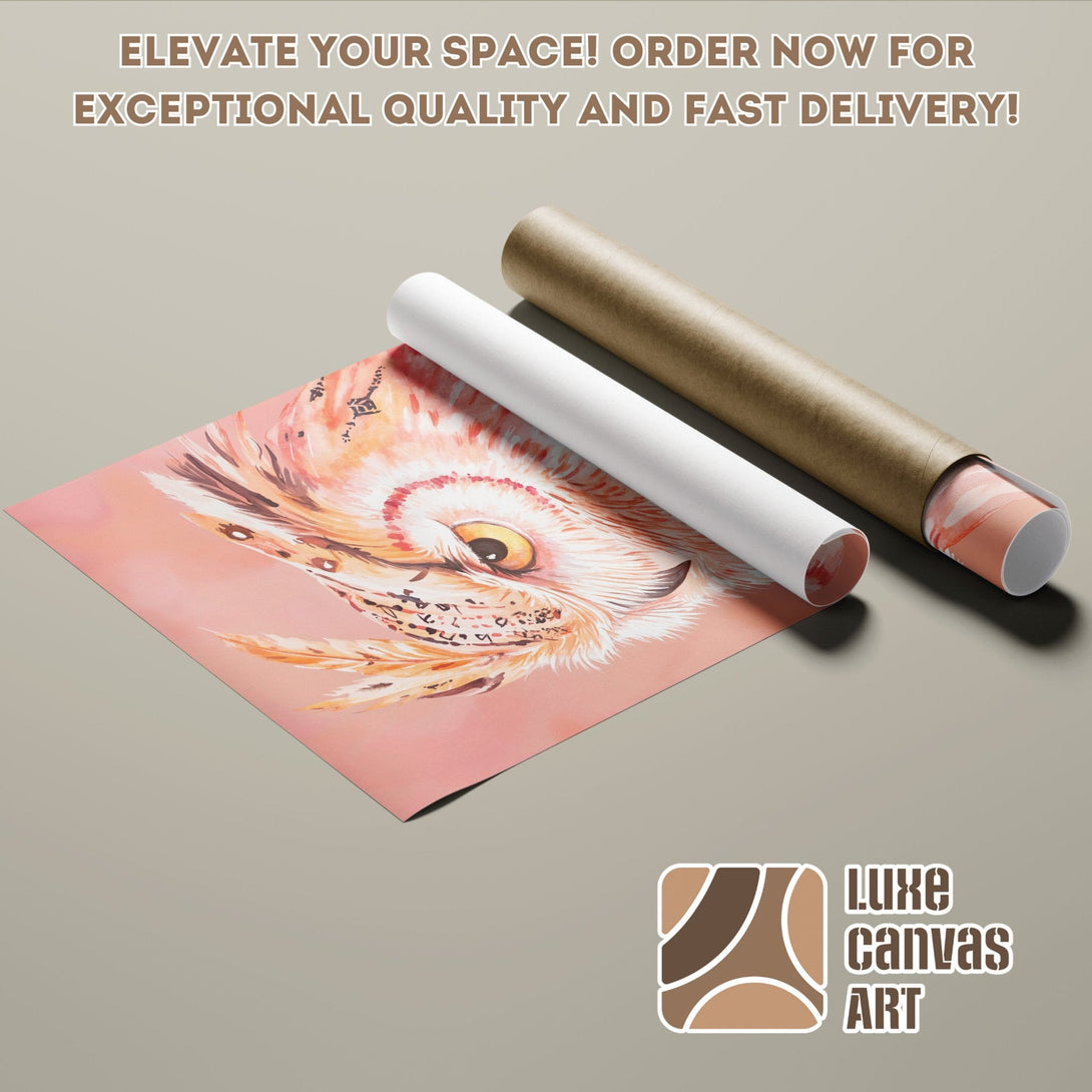 Owl art poster roll in warm tones. Elevate your space with this beautiful art print. Fast delivery! Order your poster now.