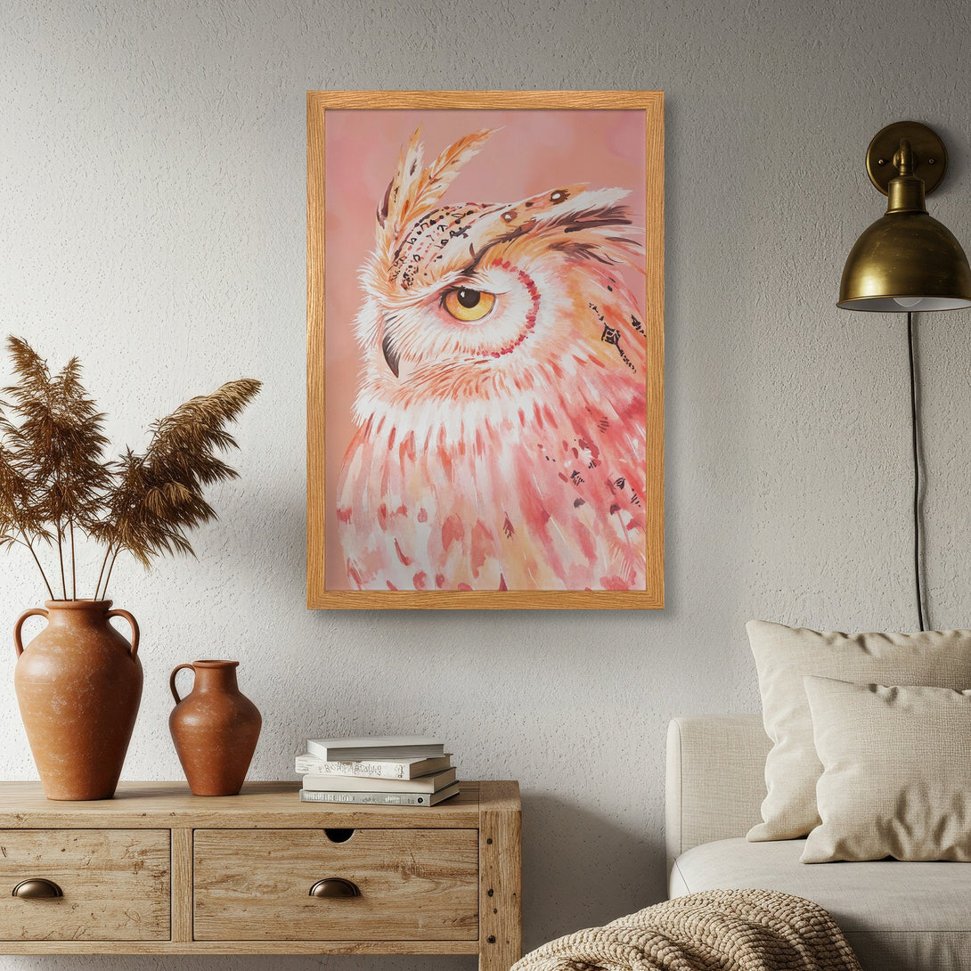 Framed Poster featuring a watercolor owl in warm peach and coral tones, perfect wall art for your home decor.