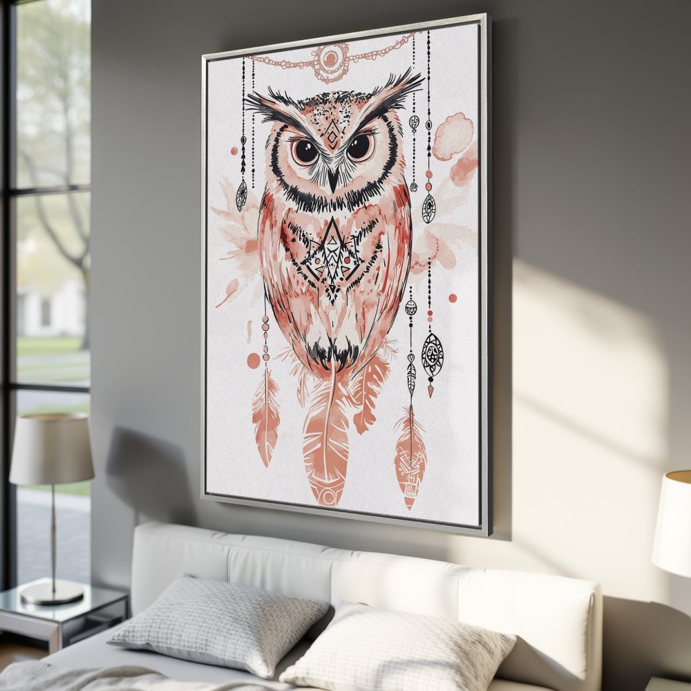 Framed Wall Art: Boho owl canvas print in warm peach and black, perfect for adding a touch of artistic style to your bedroom decor.