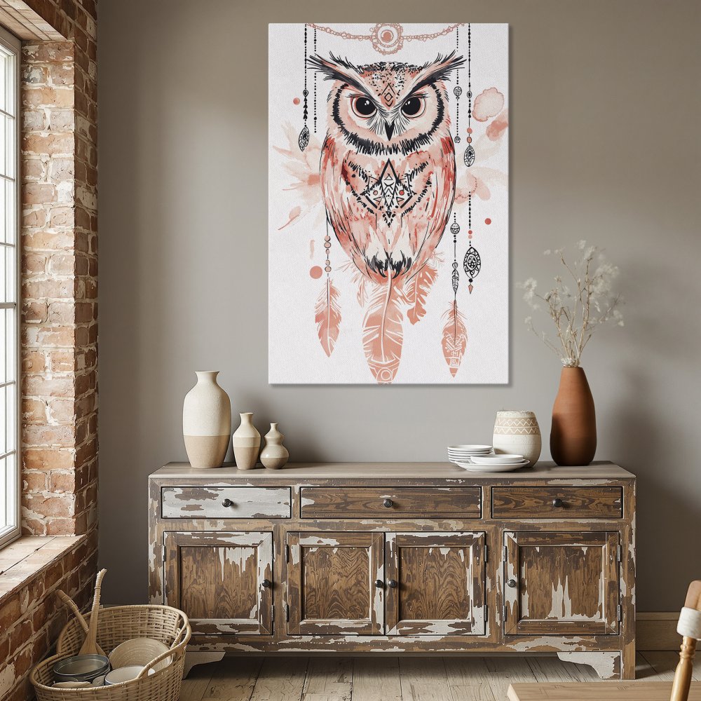 Framed Wall Art: Boho owl print in coral and black. Perfect for adding a touch of bohemian style to your dining room decor.