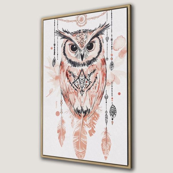 Framed Wall Art: Watercolor owl print in boho style. Featuring a warm peach and black color palette, perfect for adding a touch of art to your space.