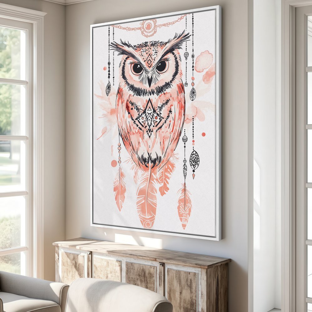 Framed Wall Art: Watercolor owl print in boho style, featuring a coral and black color palette. Perfect wall decor for a stylish interior.