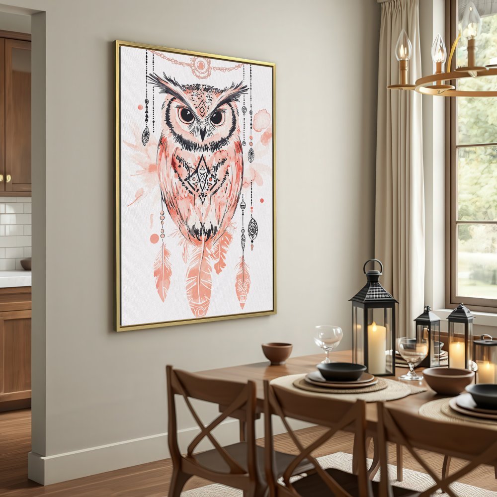 Boho owl Canvas Print in watercolor style. Features a warm, earthy color palette. Perfect for adding a touch of art to your home.