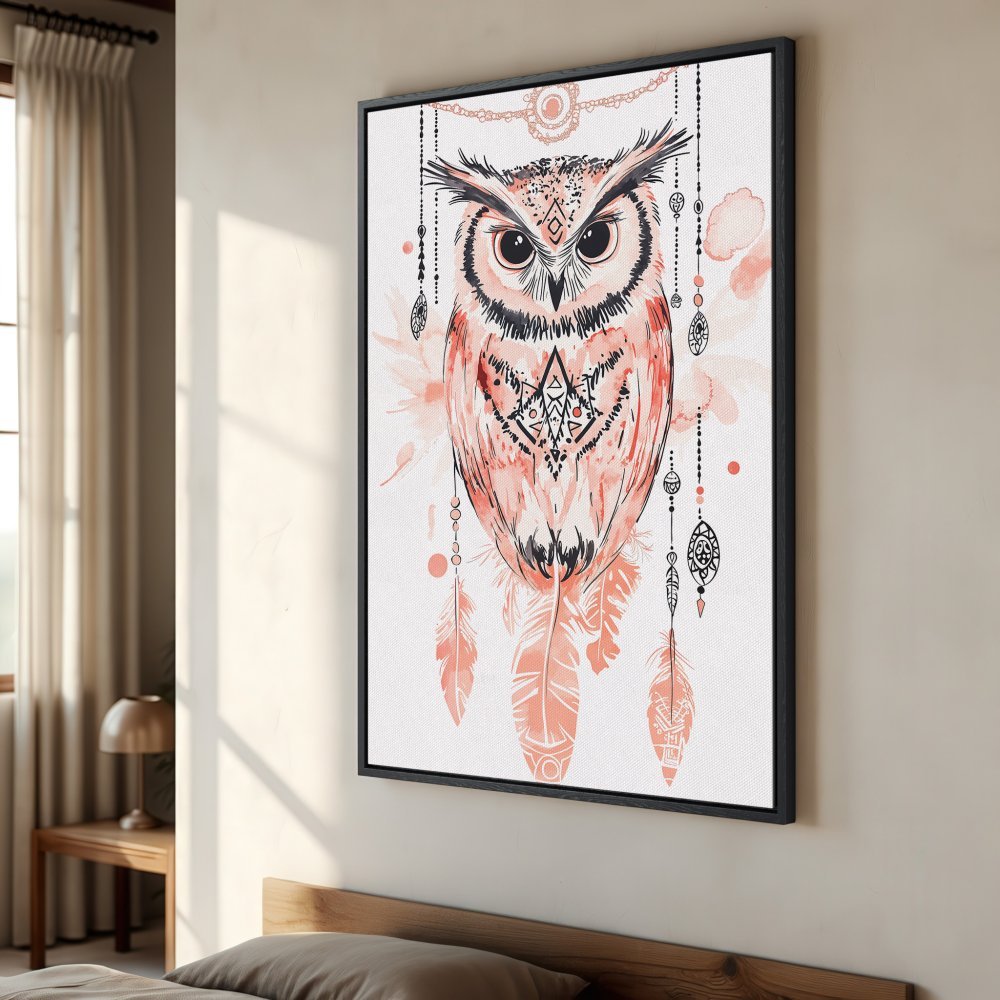 Framed Wall Art: Watercolor owl Canvas Print in boho style, featuring a coral and black color palette. Perfect for adding a touch of artistry to your space!