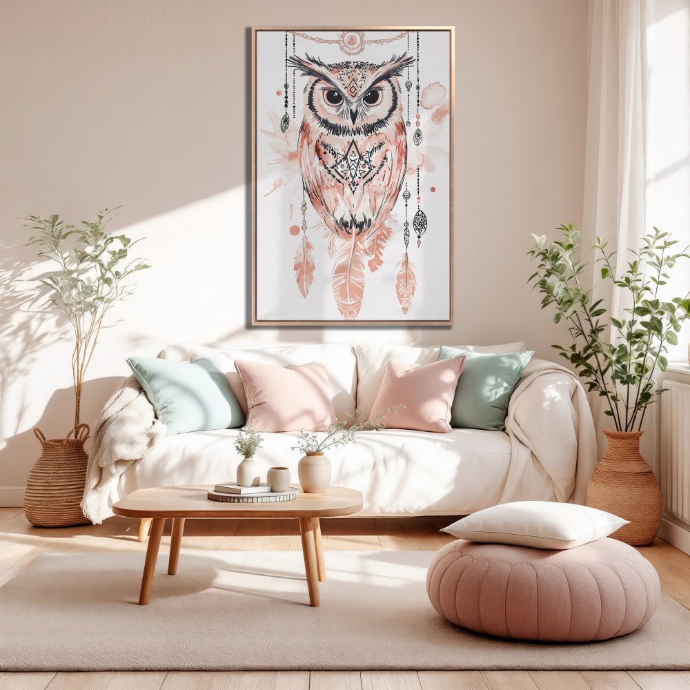 Framed Wall Art: Boho owl canvas print in a living room. Featuring a watercolor style and a soft, neutral color palette.