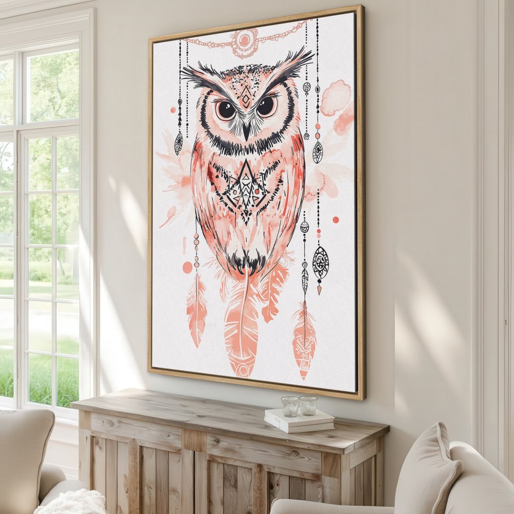 Framed Wall Art: Boho owl canvas print in coral and black. Perfect for adding a touch of bohemian style to your home decor. Shop now!