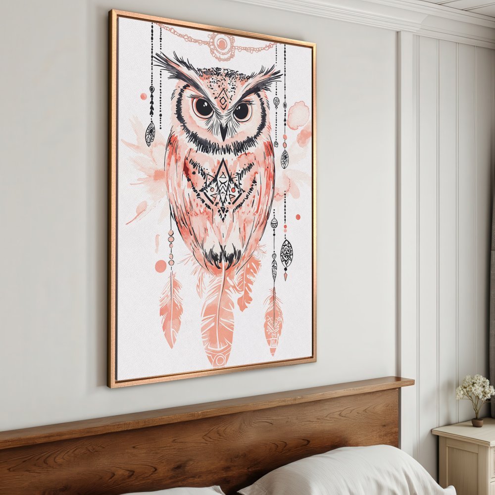 Framed Wall Art: Boho owl print in coral and black. Stylish canvas art for bedroom decor. Add a touch of bohemian charm!