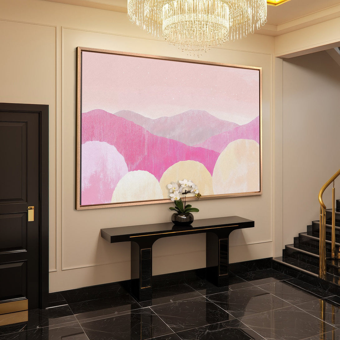 Framed Wall Art: Abstract pink mountain landscape canvas print. Modern art in a luxury interior with a soft, warm color palette.