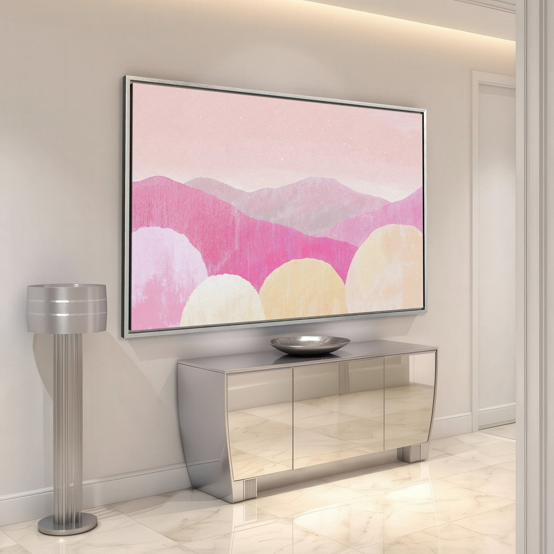 Framed Wall Art featuring abstract pink landscape art. Modern style canvas print with a soft, pastel color palette. Perfect for home decor.