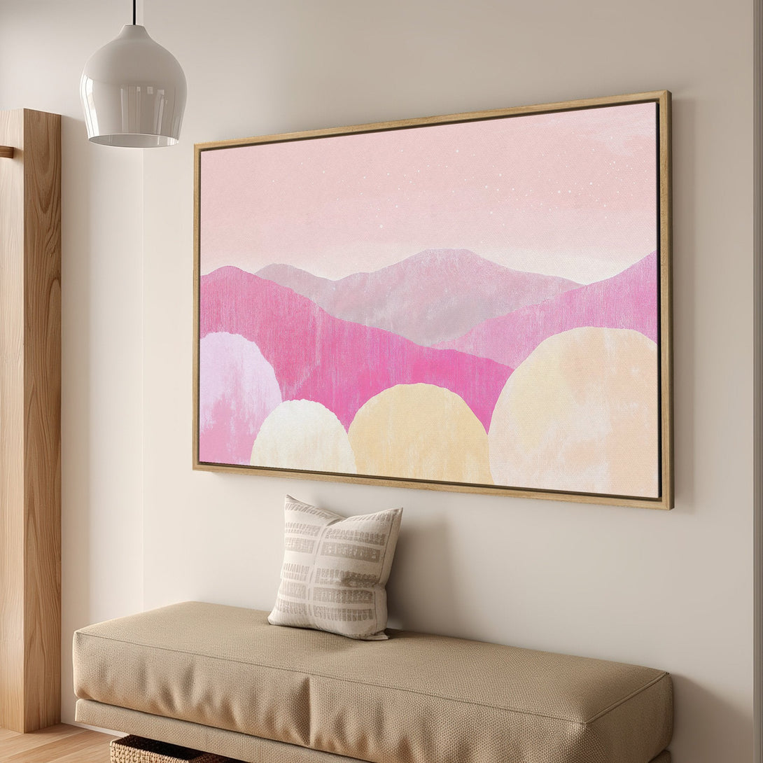 Framed Wall Art: Abstract landscape Canvas Print in pink and yellow hues. Modern art for a serene interior. Shop now for stylish home decor!