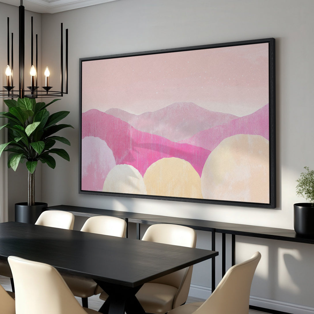 Framed Wall Art: Abstract landscape Canvas Print in pink & yellow hues. Modern art for dining room decor. Elevate your space with this stylish piece!