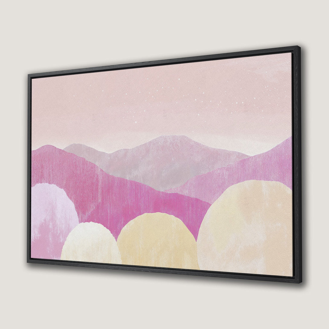 Framed Wall Art featuring a minimalist landscape in pink and yellow hues. Modern canvas print perfect for adding a touch of serenity to your home decor.