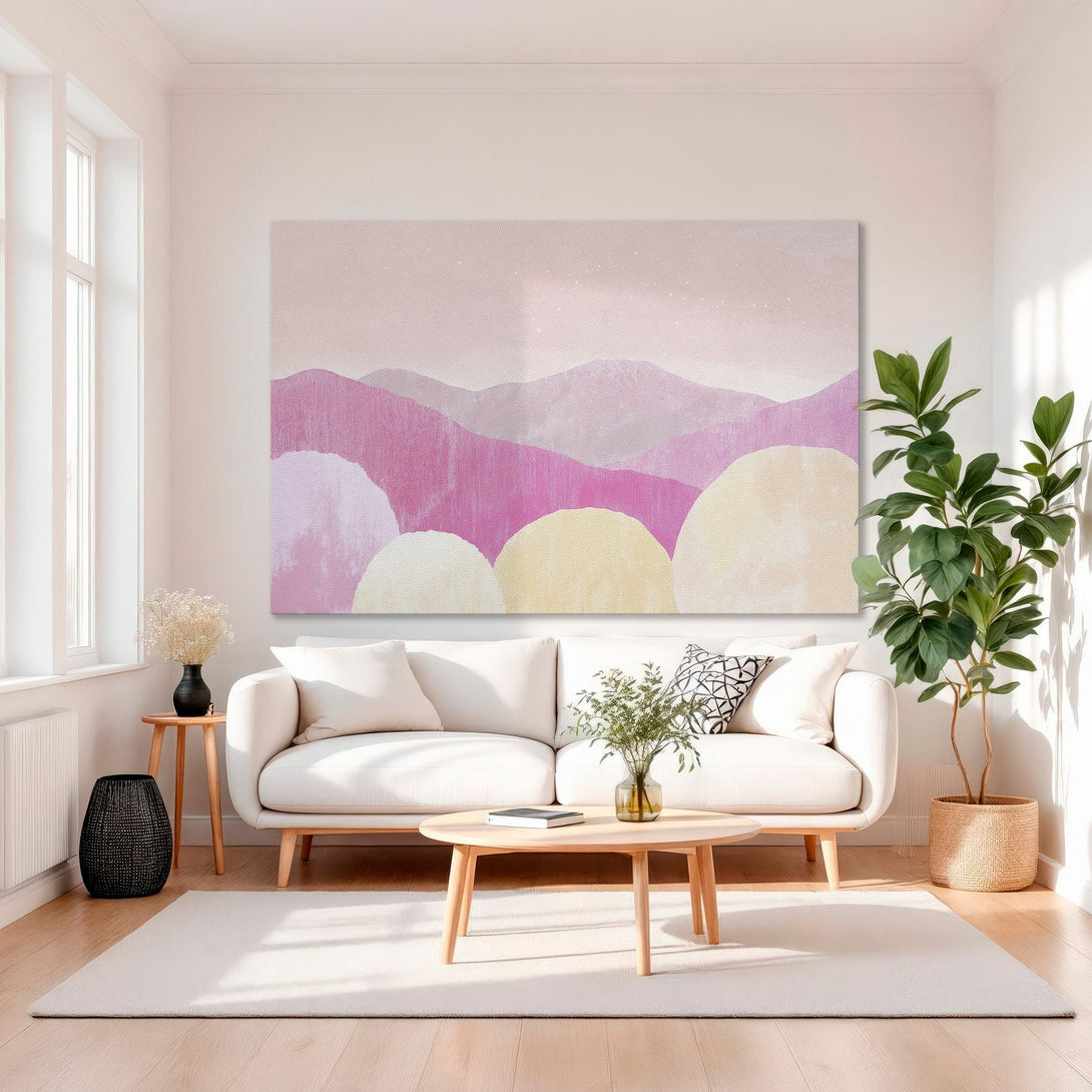 Framed Wall Art featuring abstract pink mountain landscape. Modern canvas print with a soft, pastel color palette, perfect for adding a touch of elegance.