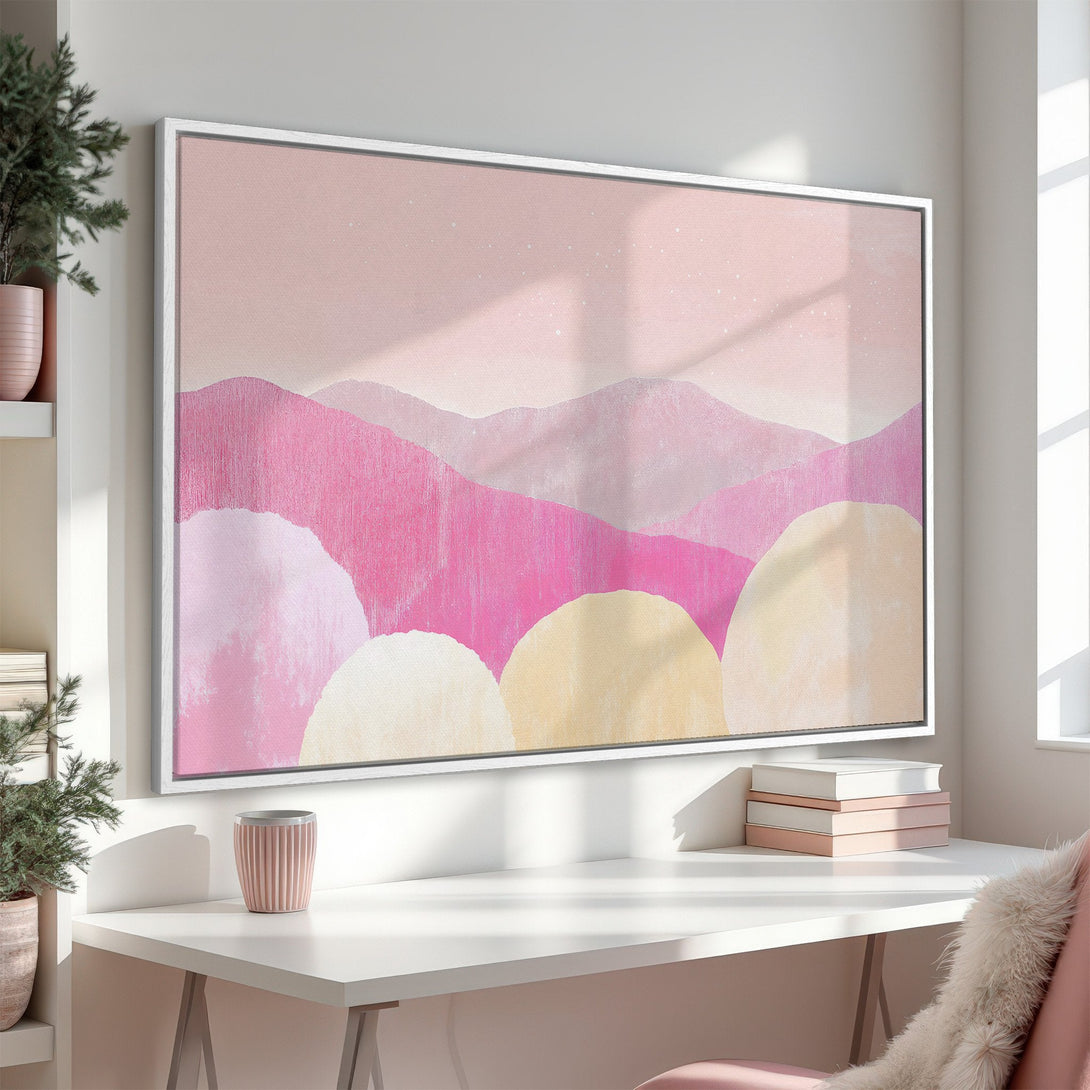 Framed Wall Art featuring an abstract landscape in soft pink and yellow hues. Elevate your space with this modern, minimalist Canvas Print.