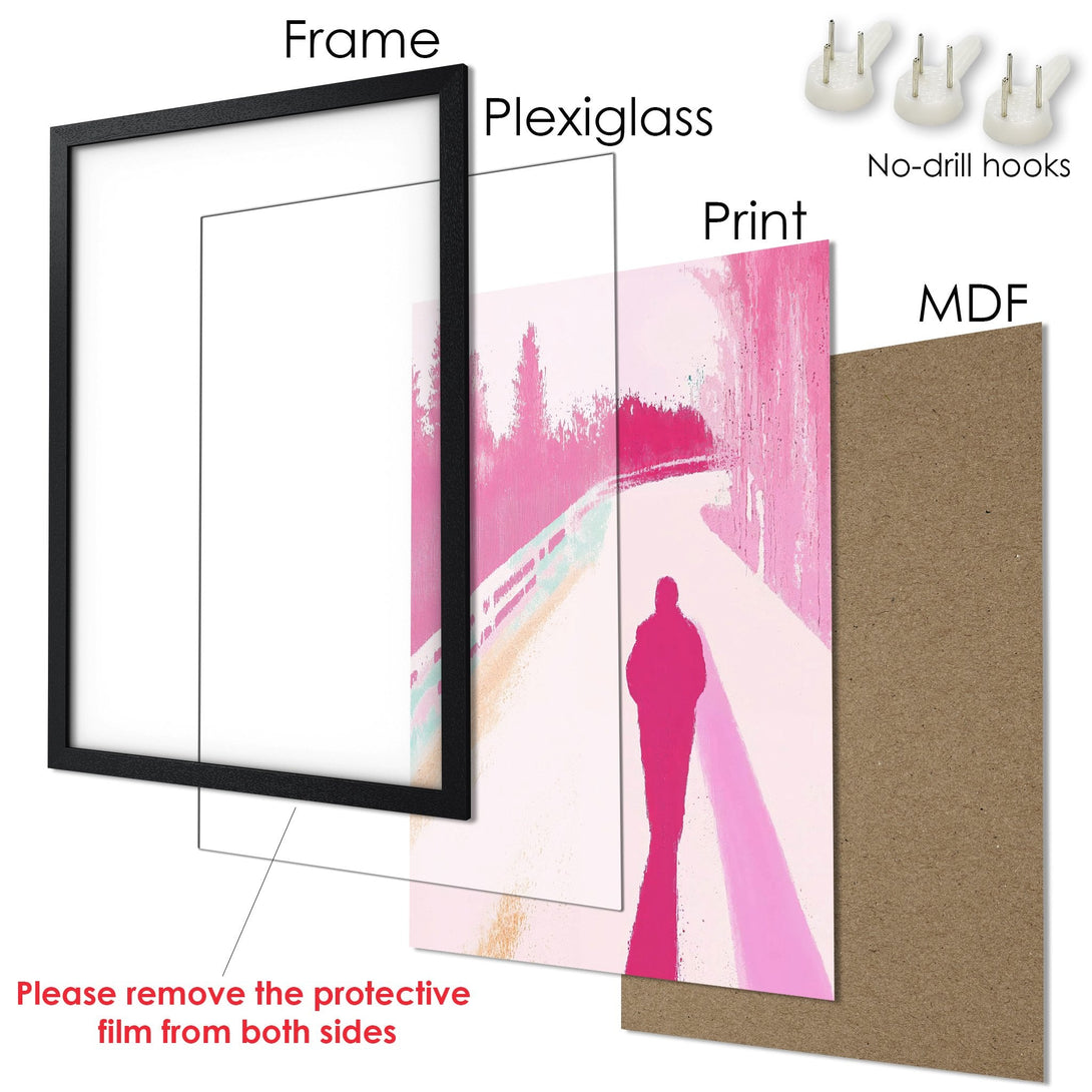 Framed Poster featuring a pink abstract figure on a path. Modern art style with a vibrant pink color palette. Ready to hang!
