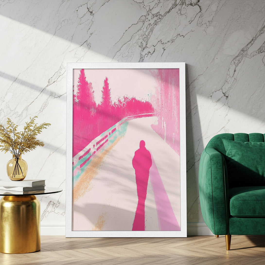 Framed Poster featuring an abstract figure on a path, vibrant pink and pastel tones. Modern art for your walls!
