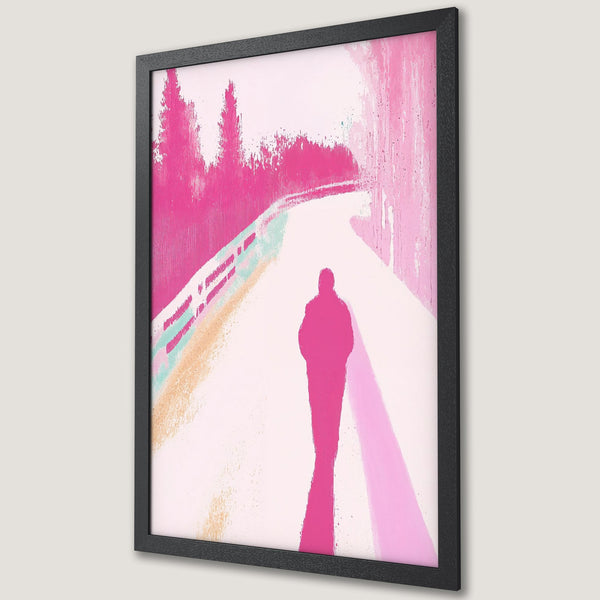 Framed Poster featuring an abstract figure on a path, vibrant pink color palette. Modern art style, perfect wall decor.