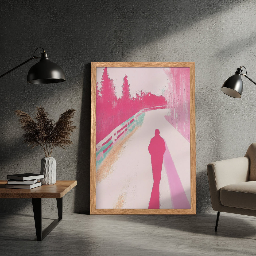 Framed Poster featuring an abstract figure on a path, with a pink and white color palette. Modern art style, perfect for home decor.