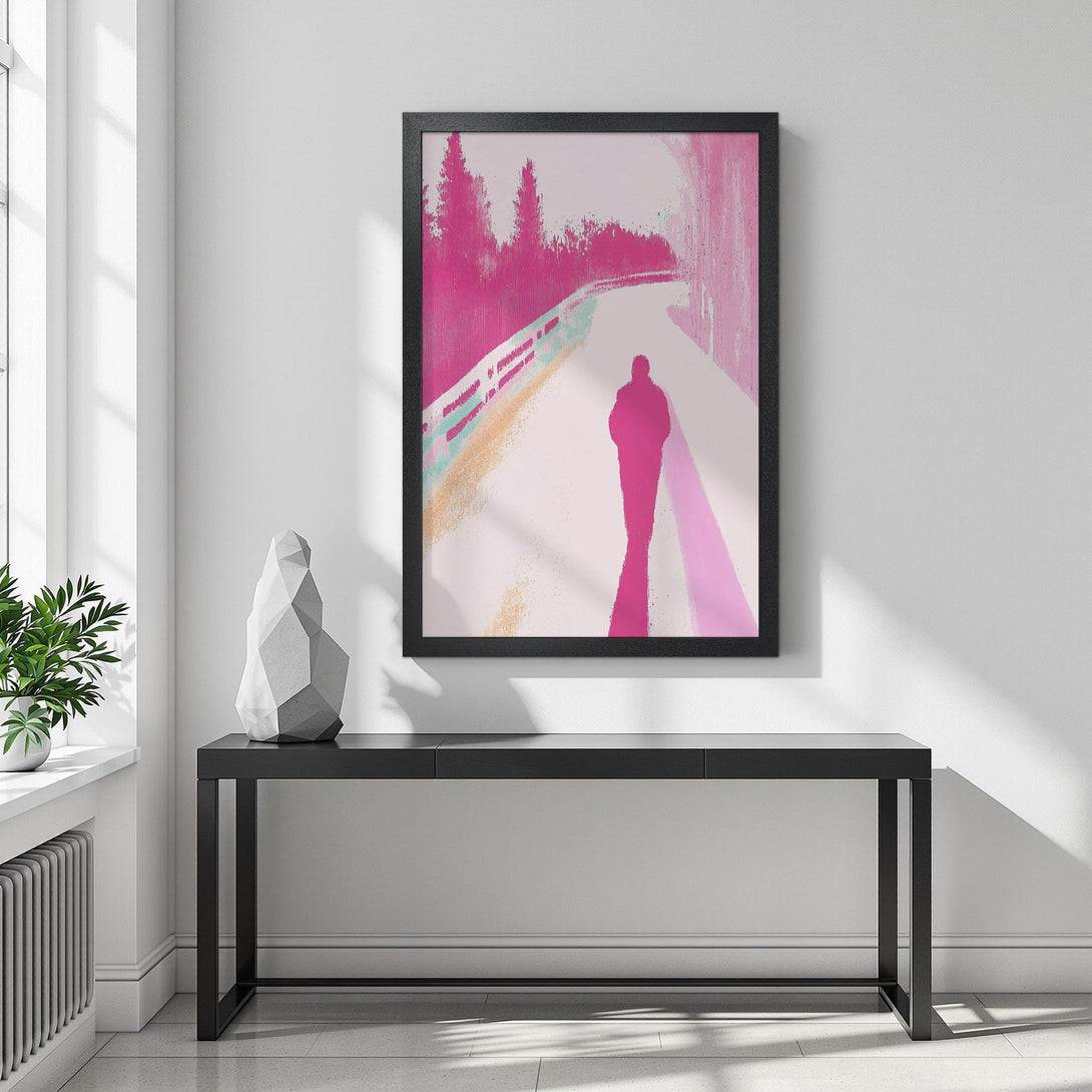 Framed Poster featuring a solitary figure on a path. Abstract style with pink, white, and teal color palette. Add art to your walls!